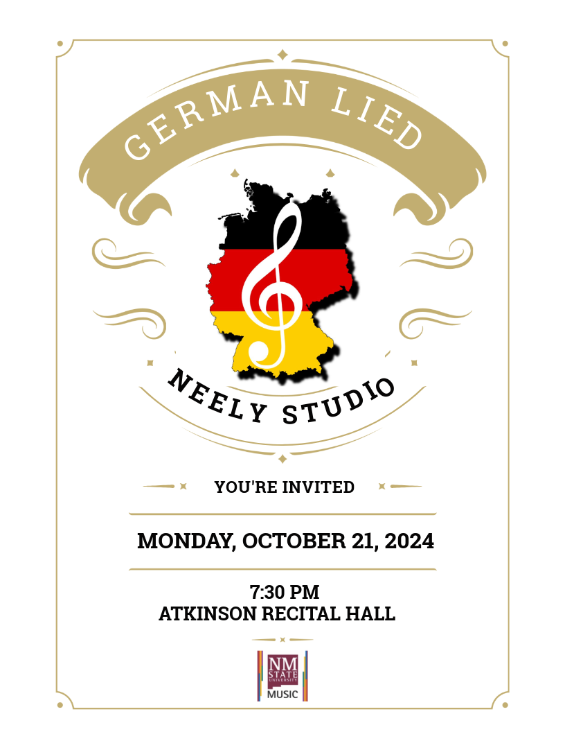 The voice students of Sarah Neely will present a recital of German Art Songs, or German Lied, that they will sing in competition at the Vocal Artistry Art Song Competition in Albuquerque. The program will showcase works by Mozart, Schubert, Schumann, Brahms, and Strauss.