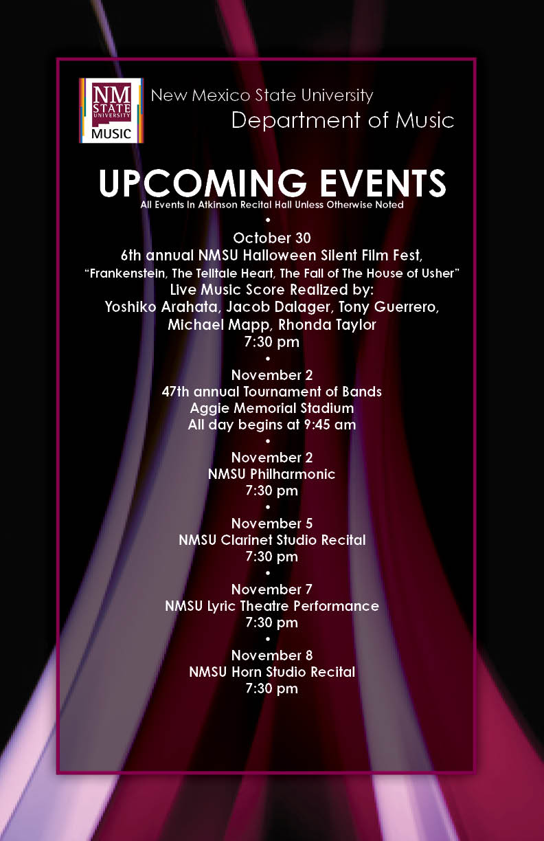 The NMSU Music Department invites the public to a series of free concerts featuring jazz, clarinet, the NMSU Philharmonic and more at NMSU Atkinson Recital Hall.  