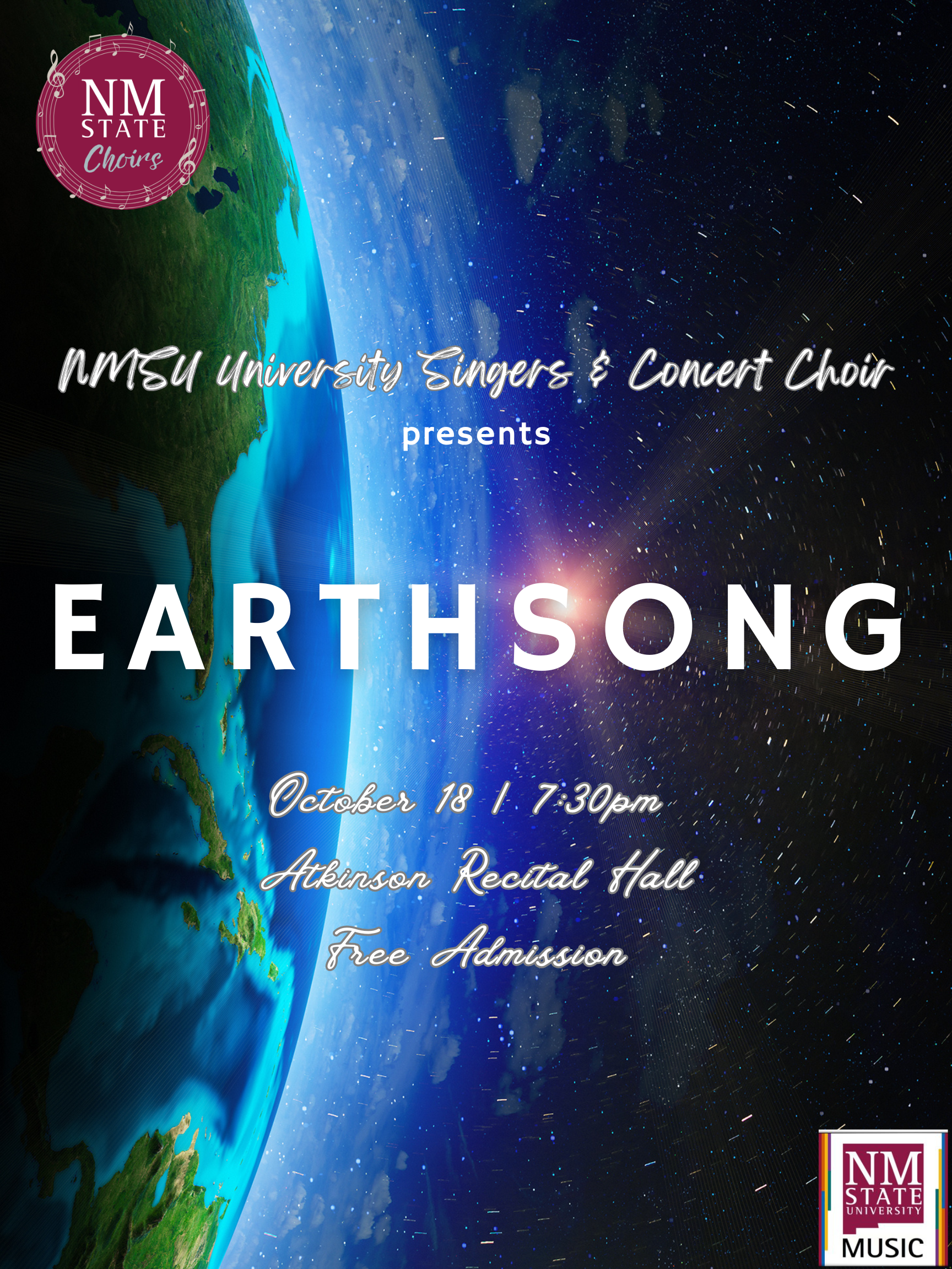 The NMSU University Singers and Concert Choir presents Earthsong, October 18 at 7:30 pm. Free general admission