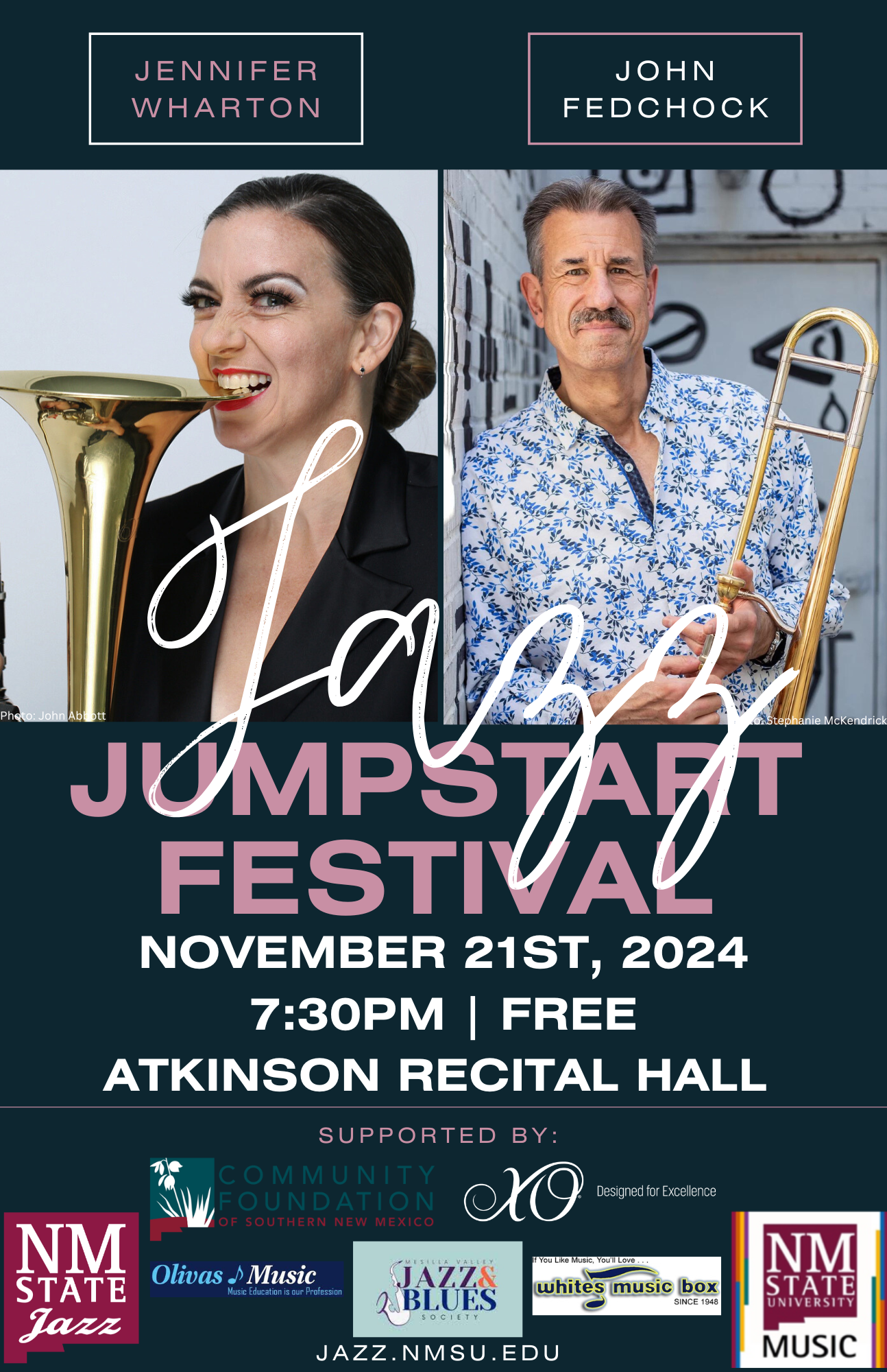 The NMSU Music Department presents the annual Jazz Jumpstart Festival and Concert on Nov. 21. The free concert is at 7:30 pm at Atkinson Recital Hall and features the NMSU Jazz Ensemble and renowned guest artists John Fedchock and Jennifer Wharton. 