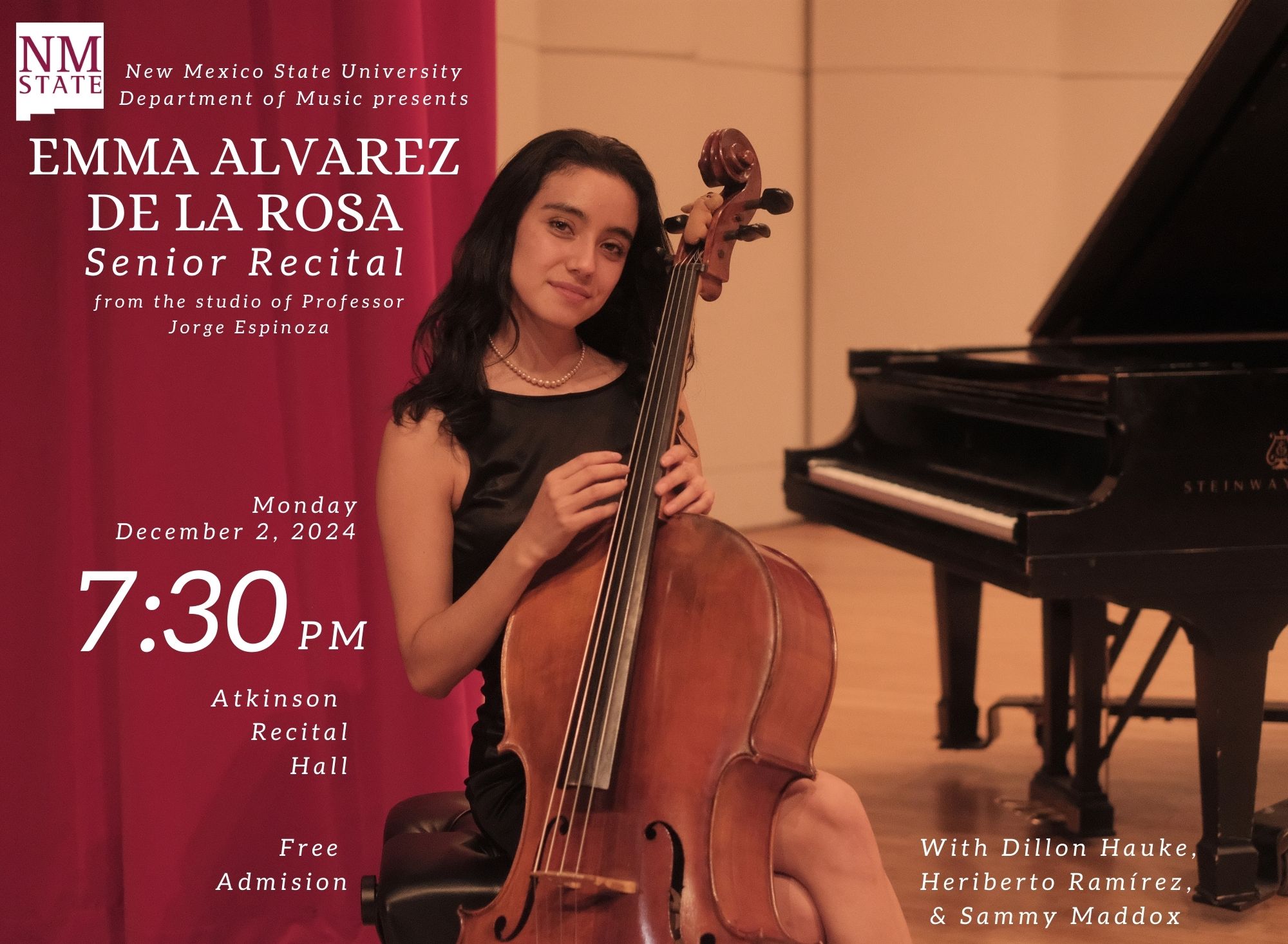 The public is invited to the senior cello recital of Emma Alvarez de la Rosa at 7:30 pm, December 2, 2024 at Atkinson Recital Hall.