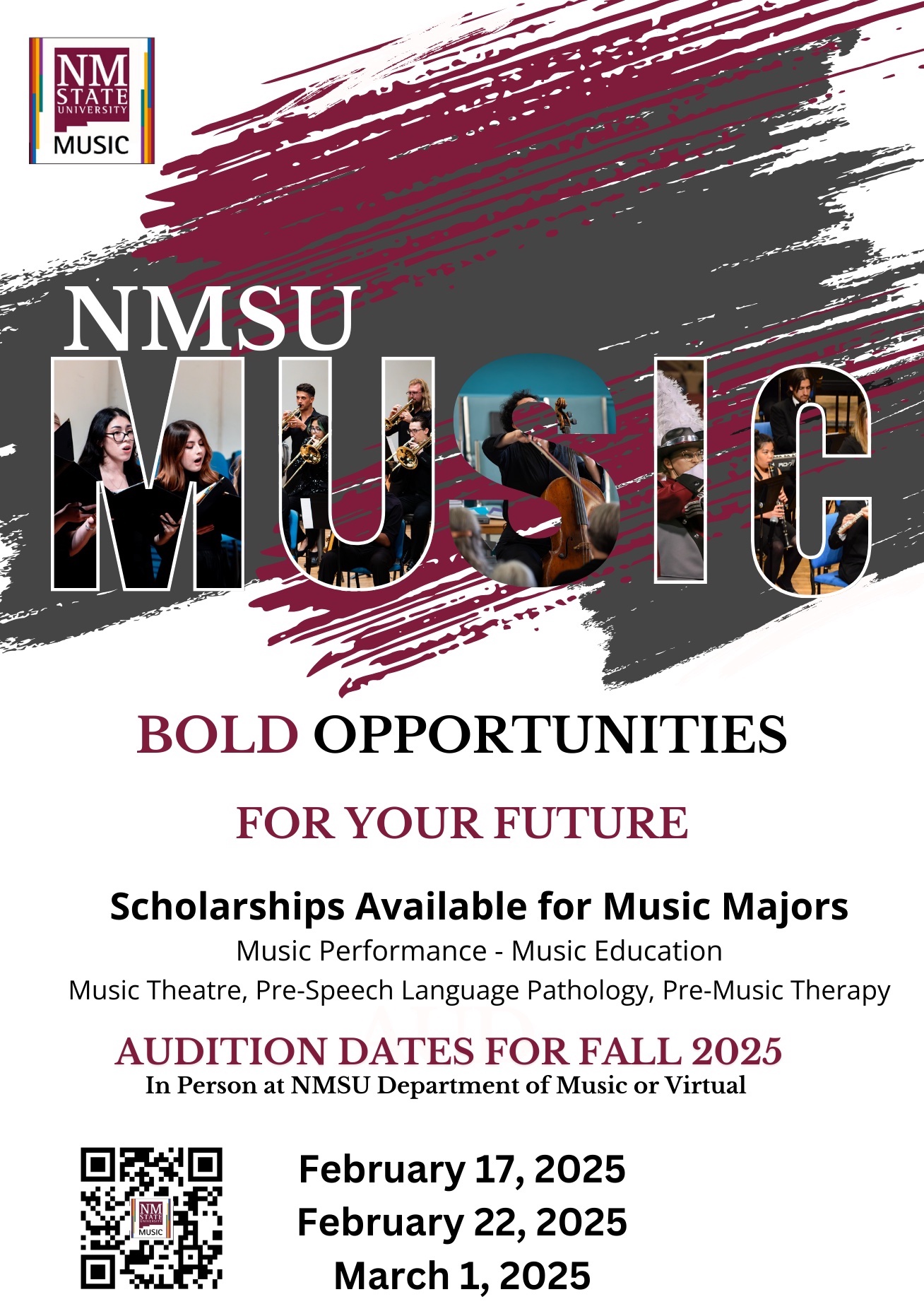 The dates to audition for Fall 2025 admission to the NMSU Music Department are Feb. 17, 2025, Feb. 22, 2025 and March 1, 2025. Virtual and in-person auditions available 