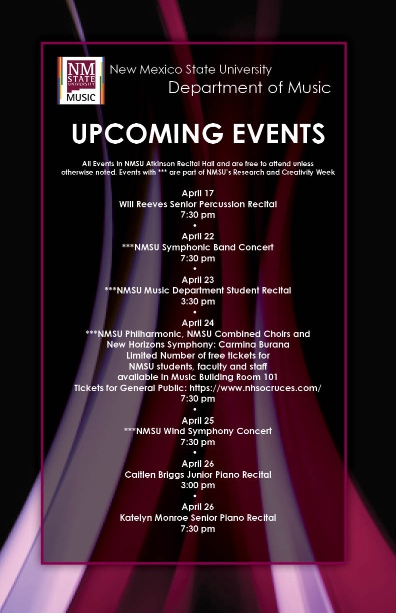 The NMSU Music Department invites the public to a series of free concerts featuring jazz, flute, piano, low brass and more at NMSU Atkinson Recital Hall.  
