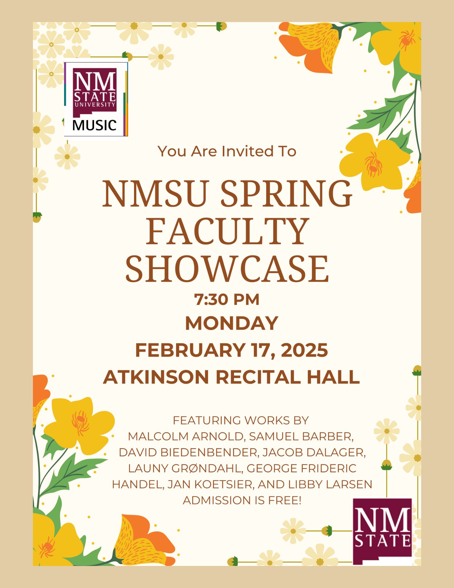 The NMSU Music Department Faculty Recital, February 17 at 7:30 pm, will feature more than a dozen faculty members performing a captivating and diverse program of chamber works for winds, piano, and voice