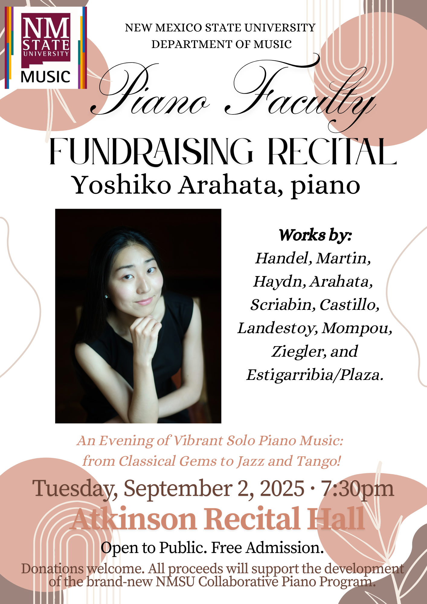 Dr. Yoshiko Arahata will perform a fundraising concert, 7:30 pm, Sept. 2 at Atkinson Recital Hall on the NMSU Campus. Admission is free. Donations are appreciated and will go toward the new collaborative piano program